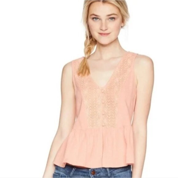 Roxy First And Only Lace Peplum Top Women Small V Neck Sleeveless Coral Feminine - Picture 1 of 7